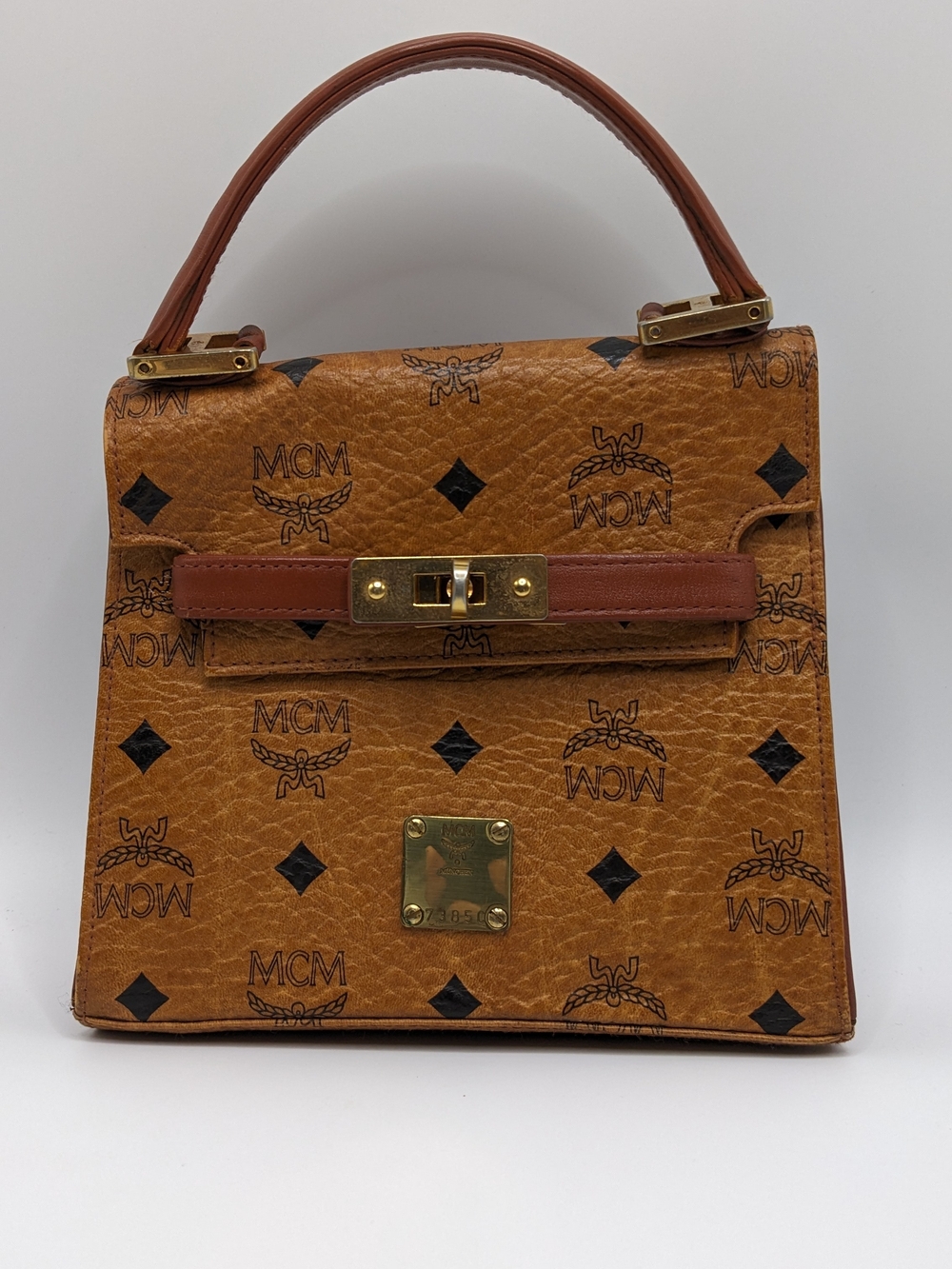 Vintage MCM Mini Visetos Cognac Brown Kelly Style Top Handle Handbag